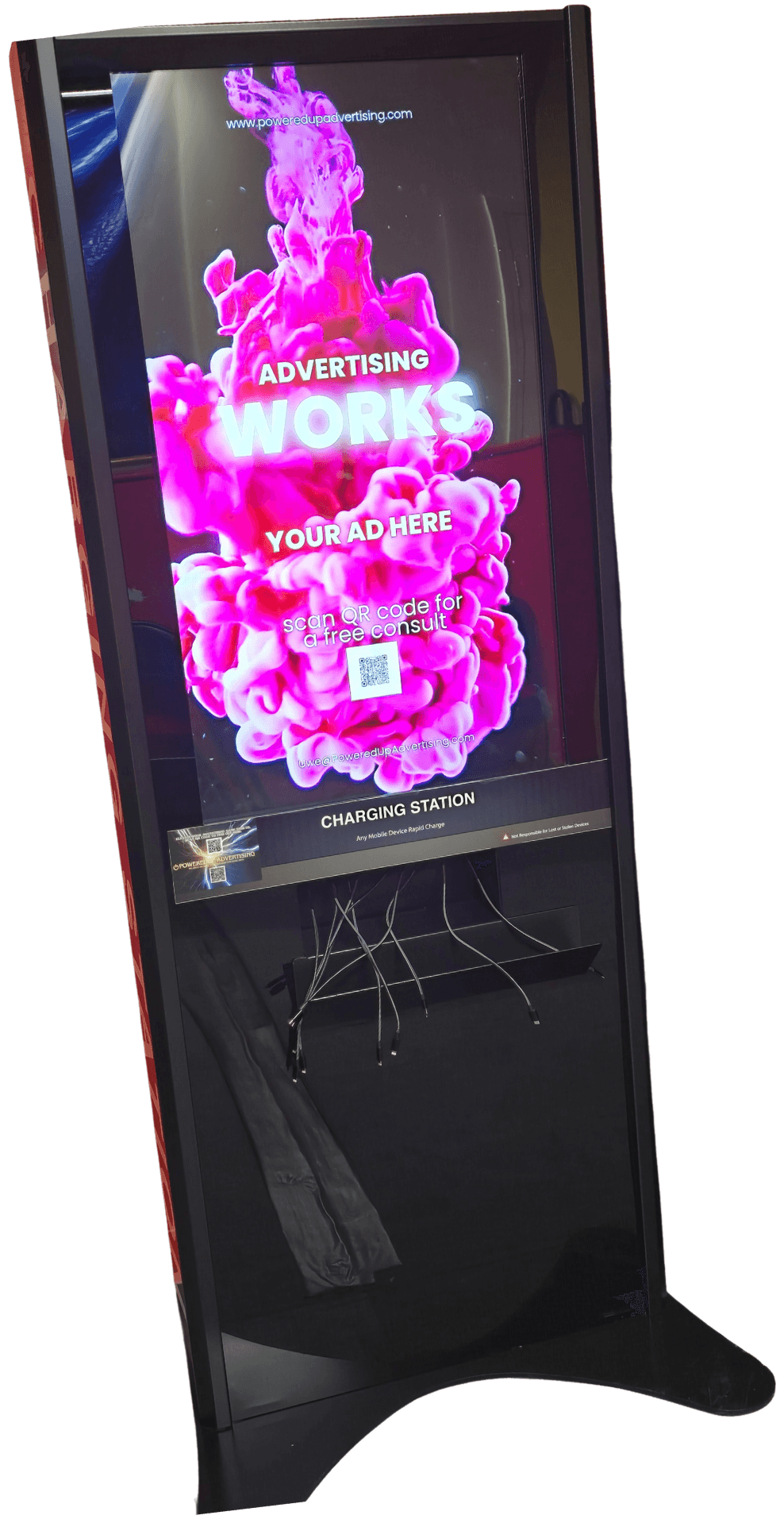 PoweredUp Advertising digital phone-charging kiosk displaying an ad